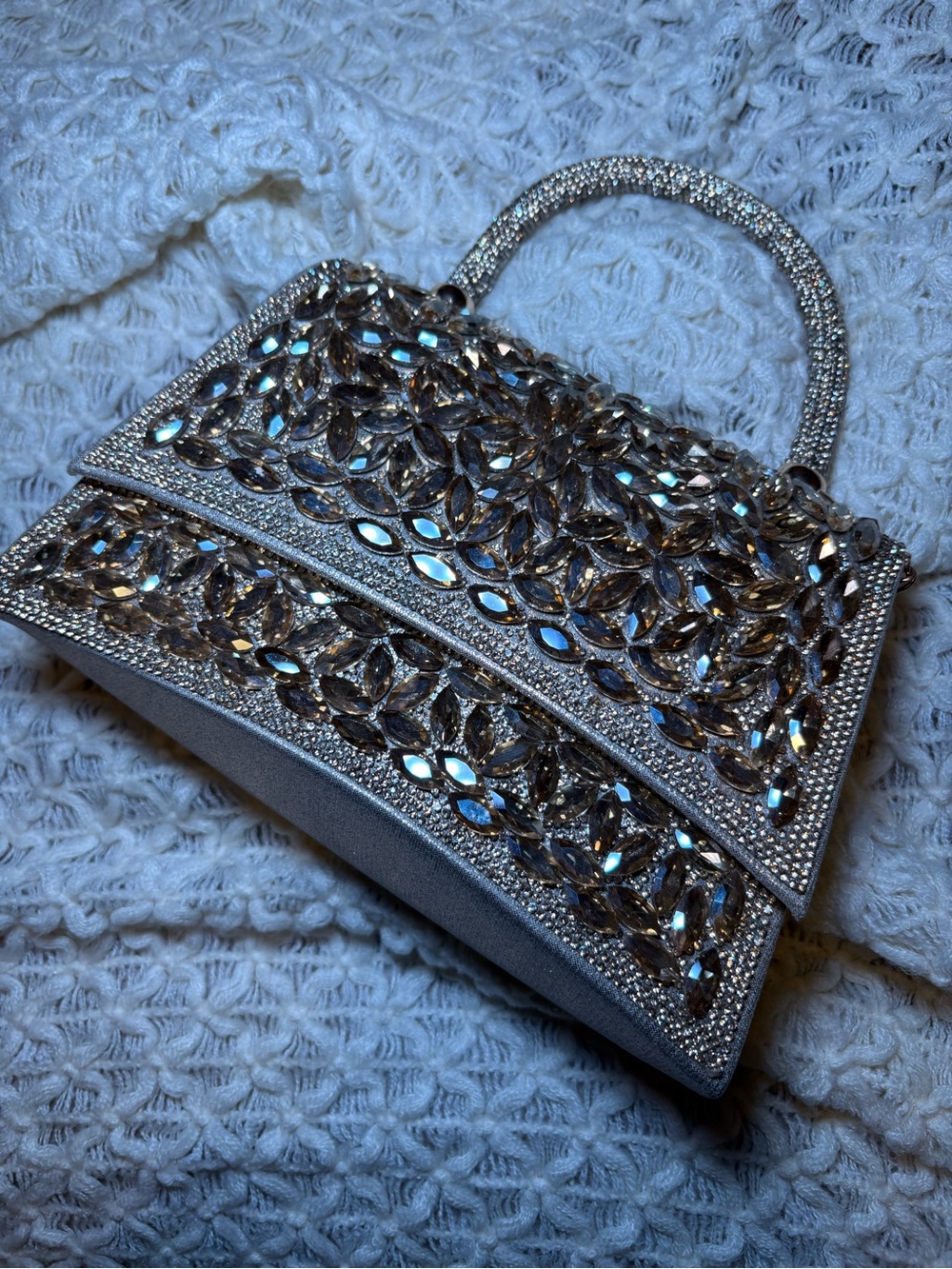Crystal-Embellished Silver Evening Handbag